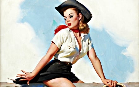 Cowgirl - black, gil elvgren, scarf, girl, blue, art, white, cowgirl, retro, vintage, hat, painting, woman