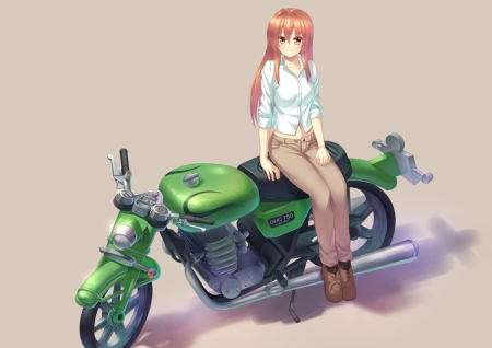 Green Bike - plain, beautiful, anime girl, girl, bike, simple, pretty, beauty, sweet, brown hair, anime, hd, motor, cg, long hair, nice, lovely, wheels, female, notorbike, green, motorcycle