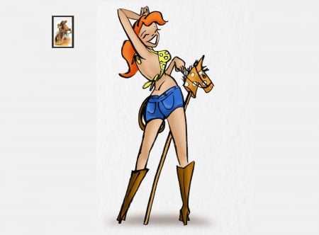 Cowgirl Wannabe - women, fun, anime, female, stick horse, boots, girls, cowgirls, drawing, cartoons, art, westerns