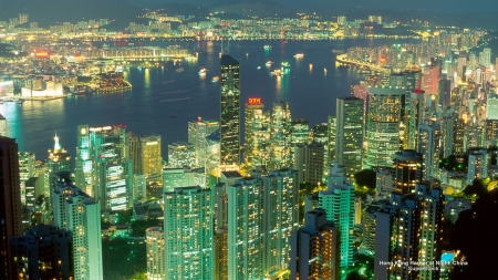 Hong Kong Harbor at Night - Hong Kong, Orient, China, Cityscape