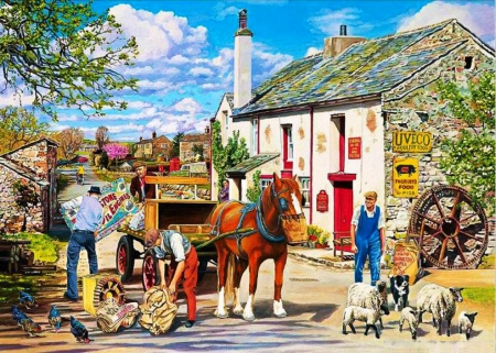 The Old Mill - watermill, horse, sheep, people, house, artwork, cart, dog