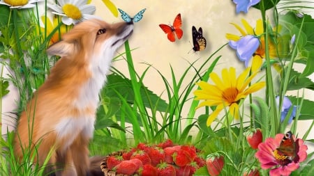 Fox in Berries - summer, flowers, strawberries, fox, grass, butterflies, berries, field, daisies