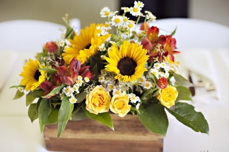 Rustic Summer - vibrant, roses, fresh, sunflowers, yellow, arrangement, rustic, bouquet