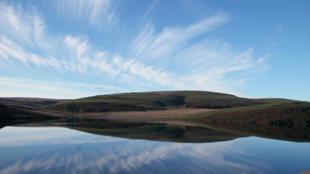 peaceful lake - clouds, shore, lake, mound, reflection