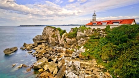 lighthouse on a rocky shore hdr - clouds, shore, lighthouse, hdr, sea, rocks