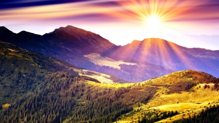 simply beautiful - beams, mountains, forests, sunset