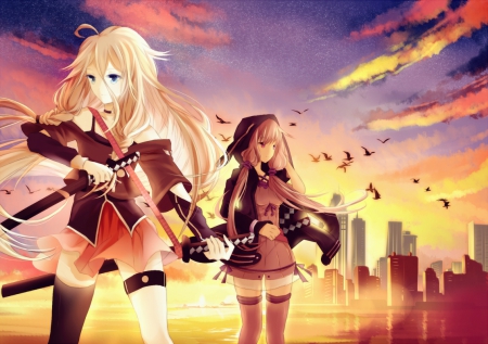 Dusk of Dawn - sky, female, yukari, anime girl, ai, cloud, evening, sunray, katana, anime, sword, scene, building, scenic, sunlight, girl, mbuilding, light, long hair, night, yuzuki yukari, bird, vocaloids, vocaloid, city, weapon, scenery