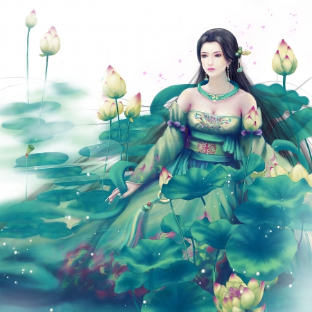 Green Lotus - black hair, white, oriental, pond, lady, long hair, divine, floral, beautiful, sweet, lily pads, dress, nice, realistic, beauty, female, water, wonderful, fantasy, angelic, gorgeous, pretty, green, fantasy girl, maiden, girl, wet, lovely, gown, cg, hd, lotus, water lily, sublime, blossom, awesome, flower