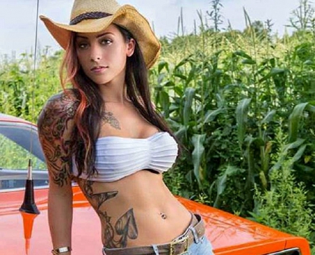 Tattooed Cowgirl - tattoo, woman, car, hat, beautiful, cowgirl