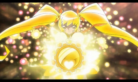 Shiny Tambourine - anime, twin tail, yellow, magic, female, twintail, blonde, blond hair, magical, long hair, shining, cure sunshine, blond, sparks, flashing, twin tails, anime girl, sparkle, twintails, girl, blonde hair, pretty cure, glowing, precure, magical girl