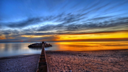 little rock island off shore at sunset hdr - pier, beach, island, hdr, sunset, sea, rocks