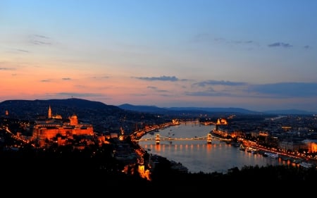 dawn over riverside castle - dawn, castle, river, city, bridge, lights