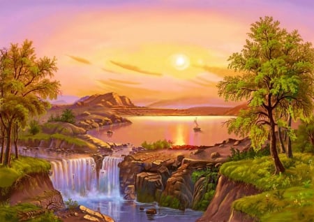 Waterfall Sunset - summer, artwork, sun, lake, sky, river, waterfalls, trees, sunrise, paintings