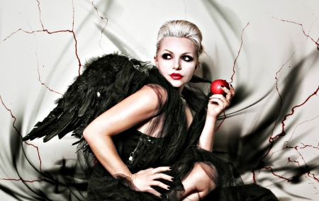 Temptation - girl, angel, black, white, woman, wings, fruit, apple, temptation, demon