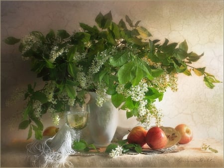 Still life - abstract, vase, porcelain, summer, photography, green branches, still life, leaves, flowers, plate, apples, fresh, green, fruits, art, artist