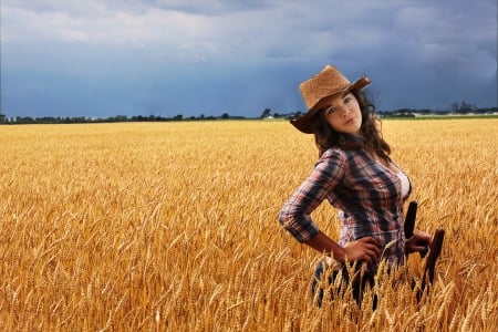 Cowgirl In A Field - sky, chair, trees, hat, wheat, cowgirl, clouds, field