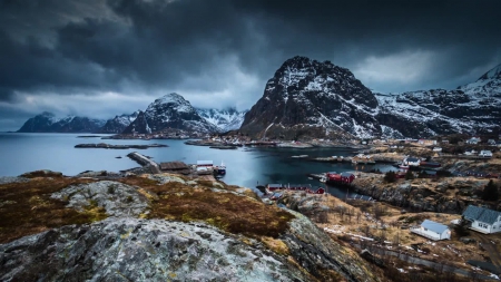 a village in northern norway - rocks, clouds, village, bay, shore