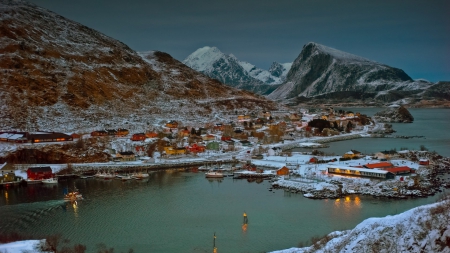 village on lofoten archipelago norway in winter - village, archipelago, winter, harbor, mountains