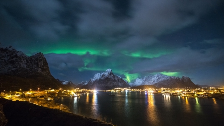 northern lights over a bayside village at night - village, night, mountains, northern lights, bay