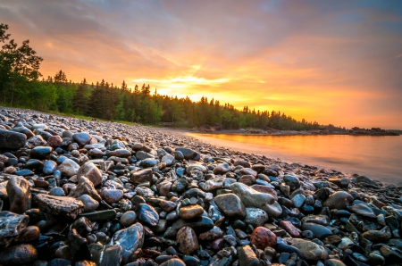 Lakeshore - calm, yellow, beautiful, forest, sunset, red, green, Canada, stone beach, lake, sky, peninsula