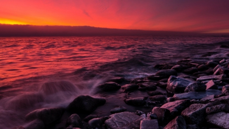 red sunset on a rocky shore - shore, sunset, red, sea, splash, rocks