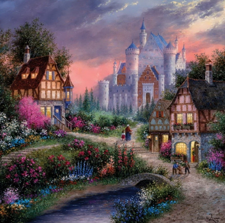 Lovely cottages - fields, lovely, painting, nature, pretty, castle, beautiful, river, city, bridge, big city