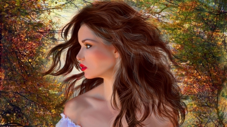 Beautiful Fall Woman - fall, trees, wind, woman, beautiful, autumn, brunette