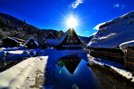 WINTER SUNSHINE - houses, sunshine, reflection, snow, winter