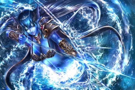 Elf Arrow Water - female, blue, crown, long hair, armor, big Breasts, Elf, blue hair, Breasts, arrow blow, abstract, blue skin, water, girl, fantasy, smile, arrrow, sexy