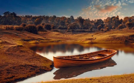 Calm - lake, trees, water, boat