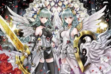 Twins Angel - pretty, anime, female, wing, angel, green hair, long hair, armor, gorgeous, weapon, nice, anime girl, beautiful, hot, lovley, girl, sword, feather, beauty, sweet, blade, braids, double, twins, awesome, wings, sexy