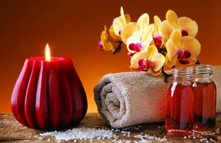 Spa still life - orchids, candle, lovely, flame, pretty, massage, red, beautiful, rest, spa, perfume, flowers, relax, harmony