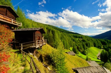 Enjoying the view - nice, cottage, slope, sky, freshness, trees, enjoy, vacation, view, mountainscape, pretty, houses, air, mountain, wooden, summer, lovely, beautiful, rest