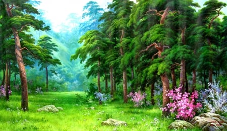 Forest beauty - trees, greenery, meadow, place, lovely, painting, nature, art, forest, pretty, beautiful, grass, wildflowers