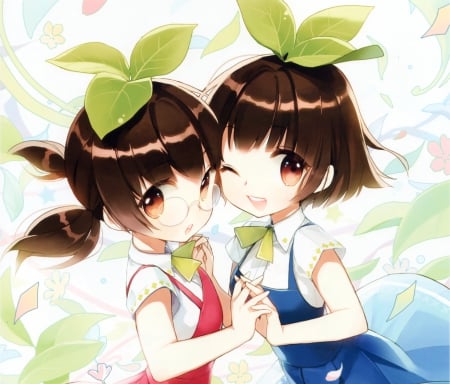 Kawaii Twins - pretty, anime, kawaii, female, wink, long hair, hd, nice, hug, brown eyes, anime girl, beautiful, holding, girl, beauty, lovely, brown hair, sweet, duo, cg, hands, double, twins, sisters, dual, cute, adorable