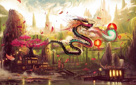 Dragon - lantern, fantasy, pink, spring, dragon, tree, asian, art