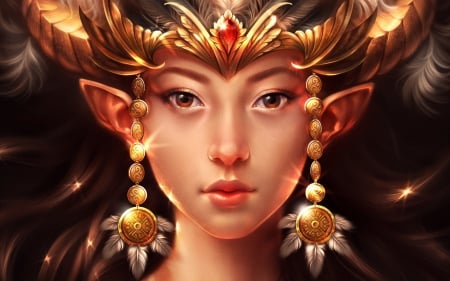 Elf princess - stone, beauty, woman, la, princess, elf, girl, sharandula, black, fantasy, face, earrings, art, portrait, red, golden