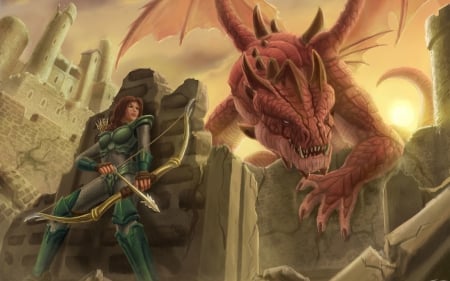 Archer and dragon - woman, girl, fantasy, archer, art, game, battle, castle, red, dragon, green