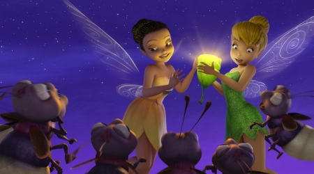 Iridessa and Tinker Bell - Tinker Bell, fireflies, night, light, fantasy, purple, Iridessa, movie, fairy, Pirate fairy, disney