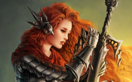 fantasy warrior - orangehair, sword, fantasy, artwork