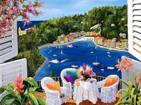 Lake Hotel - veranda, boats, blossoms, artwork, plants, table, houses, armchairs