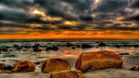 marvelous sunset on a rock strewn beach hdr - rocks, clouds, beach, sunset, sea, hdr