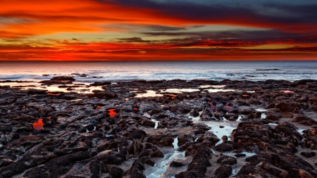 magnificent red sunset over seashore - shore, sunset, red, sea, rocks