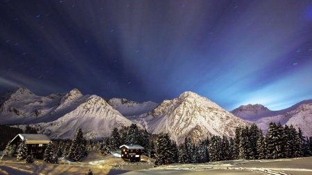 mountain cabins in winter at night - stars, forest, winter, night, mountains, cabins