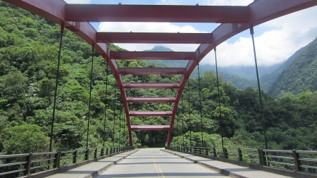 Red bridge - bridge, mountain, cloud, red