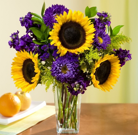 Still life - purple, flowers, still life, yellow