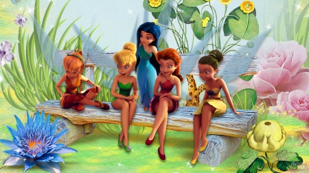 Fairies on a Bench - iridessa, tinkerbell, summer, spring, nature, silvermist, fairies, disney, rosetta, movies, princesses