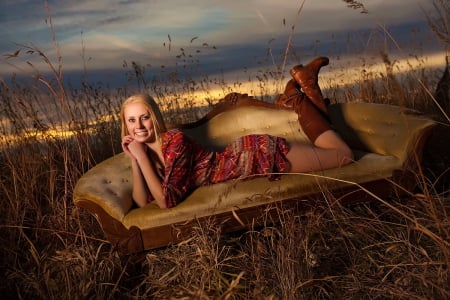 Cowgirl On A Beach Couch - women, fun, female, boots, beaches, fashion, ocean, sand, girls, cowgirls, style, couches, westerns