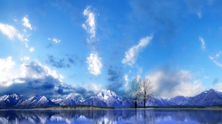 reflection of mountains in a peaceful lake - sky, lake, reflection, clouds, trees, mountaims