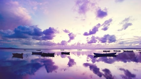 boats reflections in a purple ocean sunset - purple, reflection, clouds, sunset, sea, boats